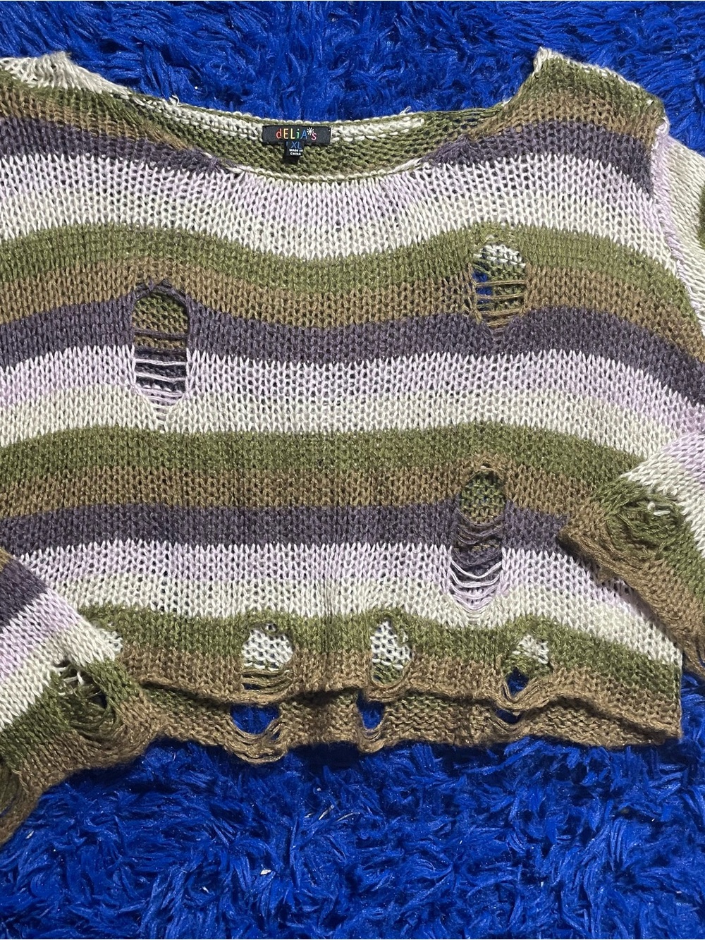 dELiA*s Olive, Gray & Cream Striped Distressed Knit Sweater